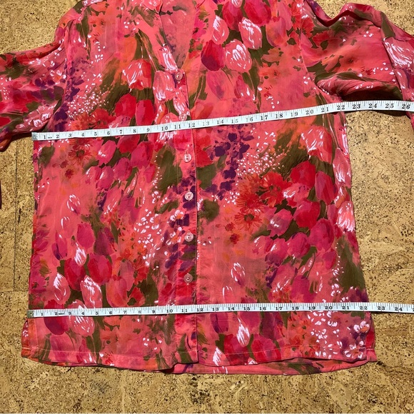 Tianello Taipei 100% Rayon Mandarin Collar Button Down Blouse Pink & Red Sz XS - Picture 10 of 11